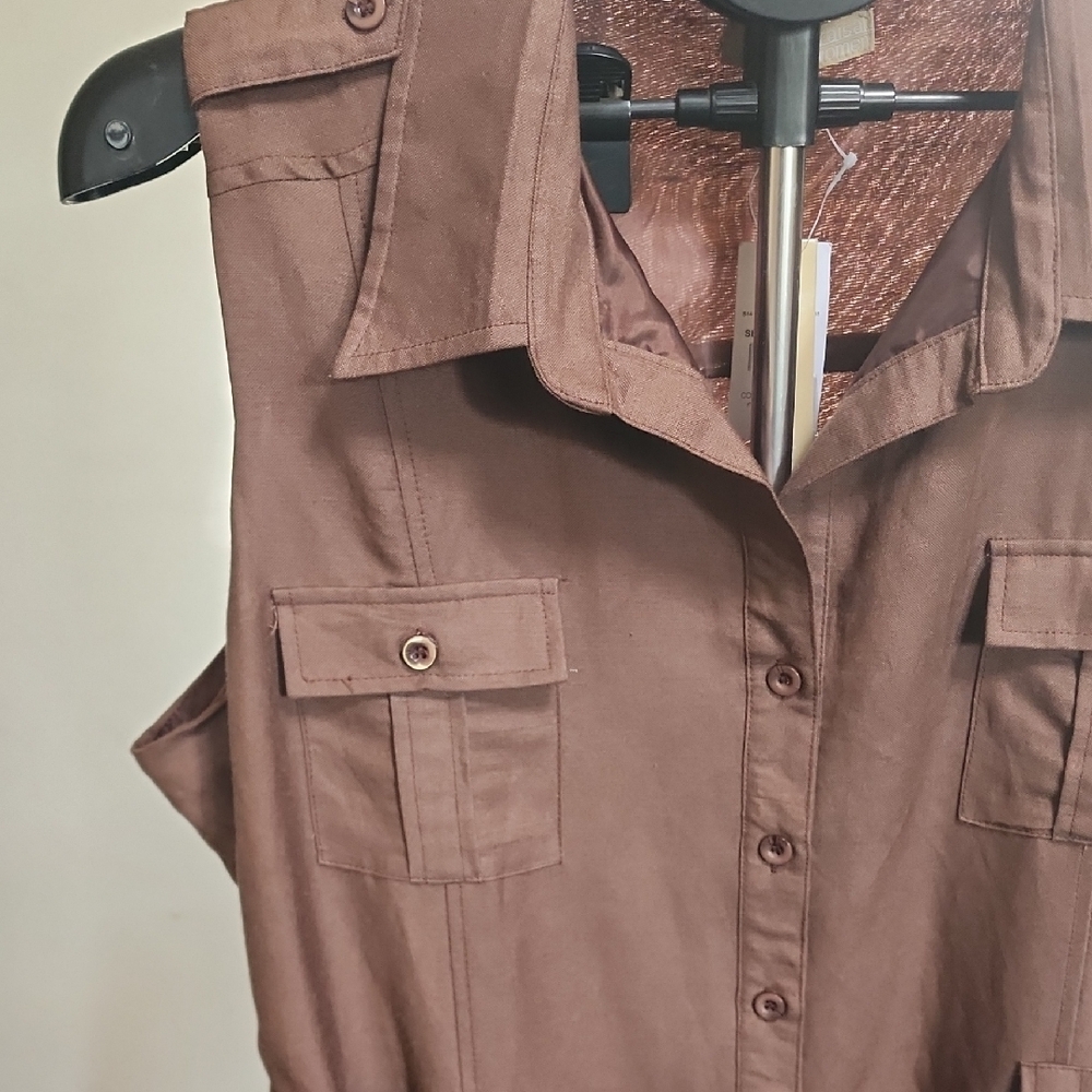Sleeveless Tie-Waist Midi Shirtdress in Taupe - Picture 2 of 13